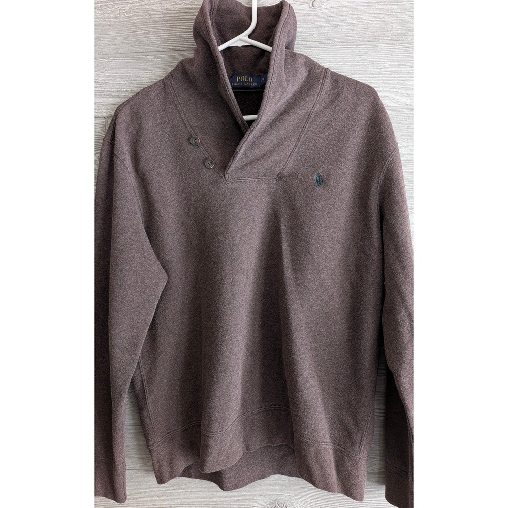 Polo Ralph Lauren Mens Brown Shawl Collar Pullover Sweatshirt Elbow Patches LG